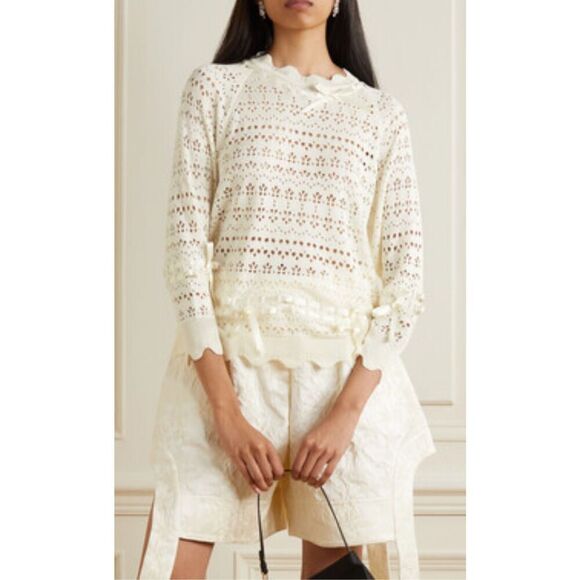 Simone Rocha Bow-detailed Scalloped Open-knit Sweater - Cream, $750 E22 - Picture 1 of 11